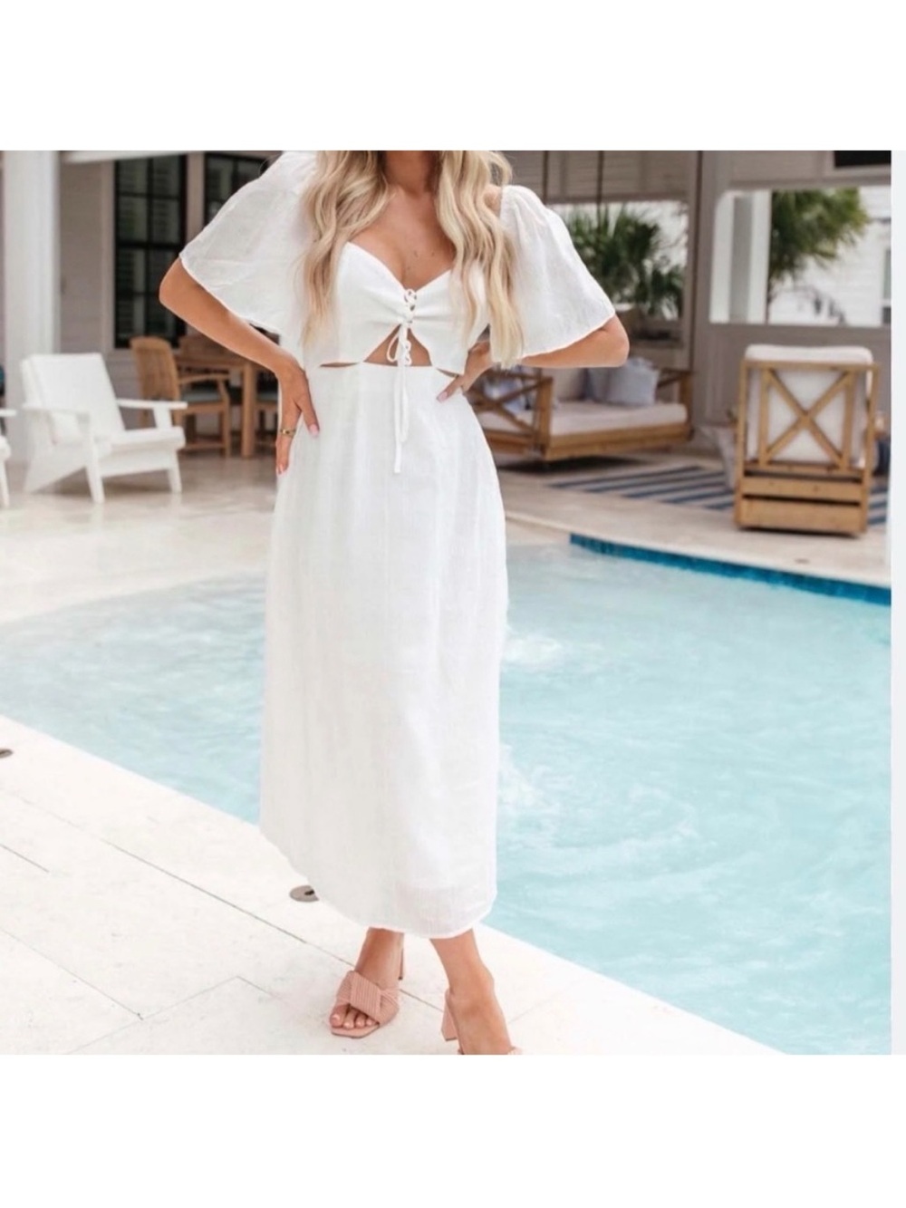 Lush White Puff-Sleeve Tie-Front Maxi Dress • Sz Medium
